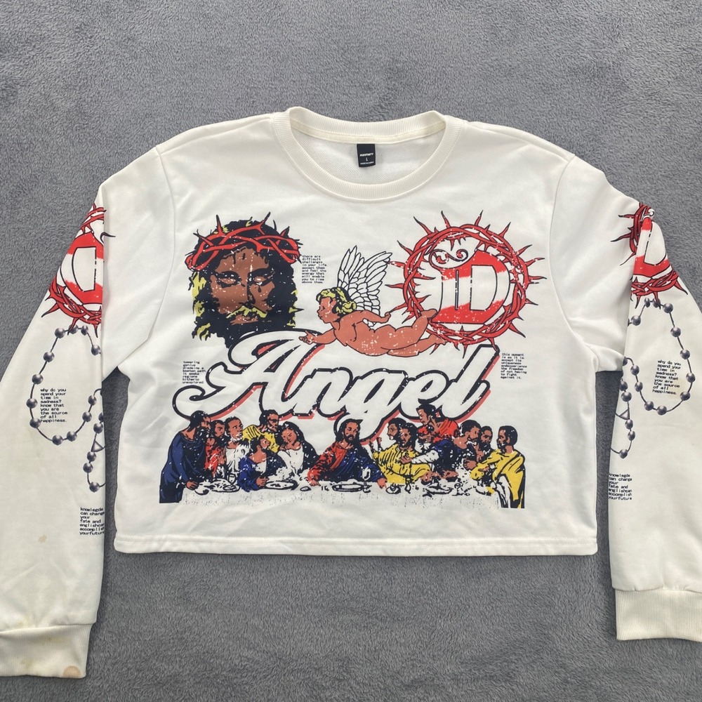 Manfinity Sweatshirt Mens Large White Religious Last Supper Angel Graphic Crop